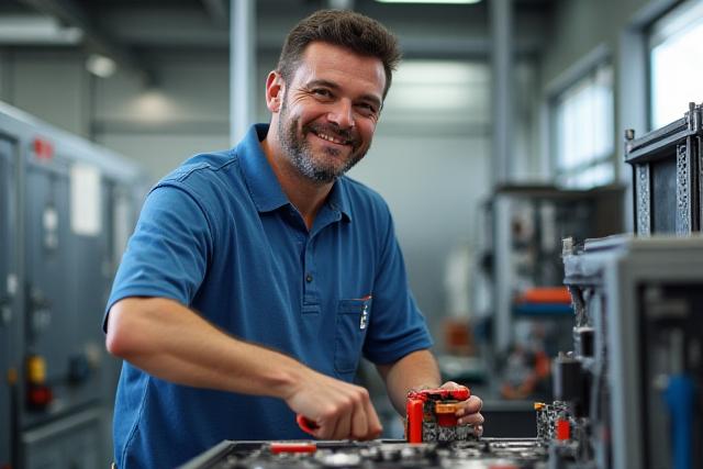 Freundlicher Techniker in einer modernen Werkstatt bei der Arbeit